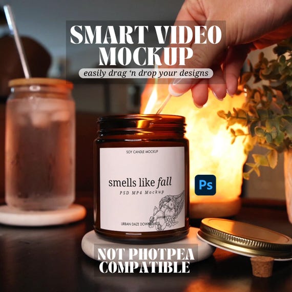 Smart 9oz Amber Candle Fall Mockup Video PSD Autumn Amber Candle Staged Stock Video Simple Lifestyle Autumn Candle High Quality Mockup Video