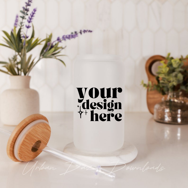 12oz Sublimation Frosted Glass Can Mockup Bundle Libbey Glass Mockup Kitchen Lifestyle Product Photo Clean Mockup Photo