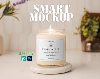 PSD Printify Candle Mockup Clean Aesthetic Candle Smart Mockup 9oz Soy Candle Label Mockup POD Candle in Modern Kitchen