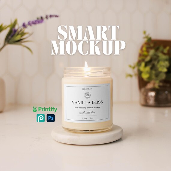 PSD Printify Candle Mockup Clean Aesthetic Candle Smart Mockup 9oz Soy Candle Label Mockup POD Candle in Modern Kitchen