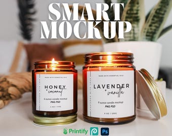 Ästhetische 9 Unzen & 4 Unzen Bernsteinglas Kerzen Mockups Smart Objekt Kerze Mockup Lifestyle Inszeniertes Produktfoto Bearbeitbares Etikett Kerze PSD PNG