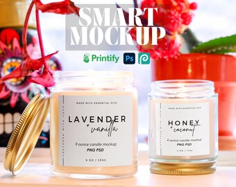 9oz & 4oz White Candle Mockup for Print On Demand Bright Eclectic Candle Mockup Printify Candle Mockup with Plants and Natural Light
