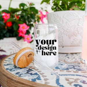 Printify Sipper Glass 16oz Mockup Video Floral Libbey Glass Can Video Mockup Botanical Lifestyle Glass Tumblers Mockup Product Video image 4