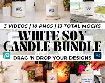 White Soy Candle Mockup Bundle Smart Layers Video and PNG mockup bundle for Print On Demand Sellers