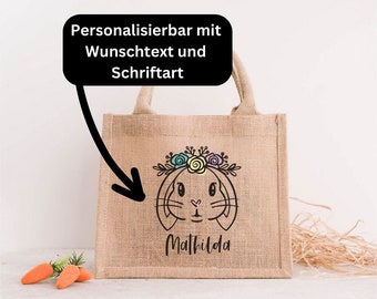 Personalisiertes Osterkörbchen aus Jute / Jutetasche mit Hase und Blumen / individuelles Osternest für Kinder