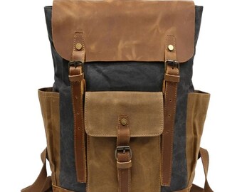 Canvas-Rucksäcke für Männer, Ölwachs-Canvas-Leder, Reiserucksack, Tasche, großer wasserdichter Tagesrucksack, Retro-Rucksack, Geschenk für Sie/Ihn