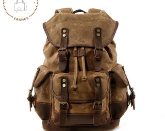 Leather Canvas Backpacks for Men Oil Wax Canvas Leather Travel Backpack Bag Large Waterproof Daypack Retro Bagpack Rucksack gift for her,him