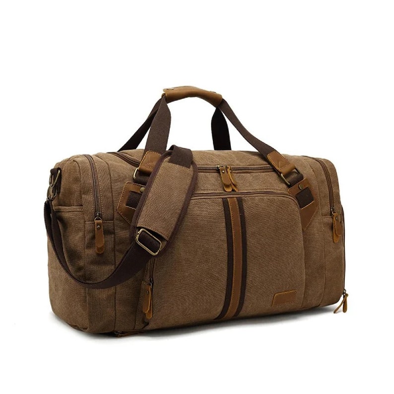 Duffle bag men Canvas travel bag canvas weekender bag canvas holdall bag canvas Genuine leather travel bag wax canvas travel bag unisex Marron