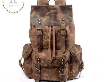 Personalized Leather Canvas Backpacks for Men Oil Wax Canvas Leather Travel Backpack Bag Large Waterproof Daypack Rucksack gift for her,him