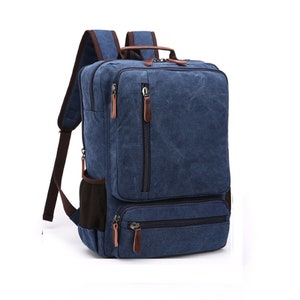 Canvas Backpack Oil Wax Canvas Leather Travel Backpack Bag Large Waterproof Daypack Retro Bagpack Rucksack gift for her/him Blue