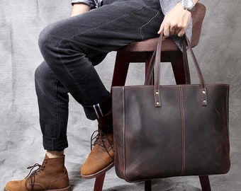 Tote Bag Leather  Women and Men  Genuine  leather Shopping Shoulder Handbag Vintage  Heritage Ladies Gents Women | Men tote bag briefcase