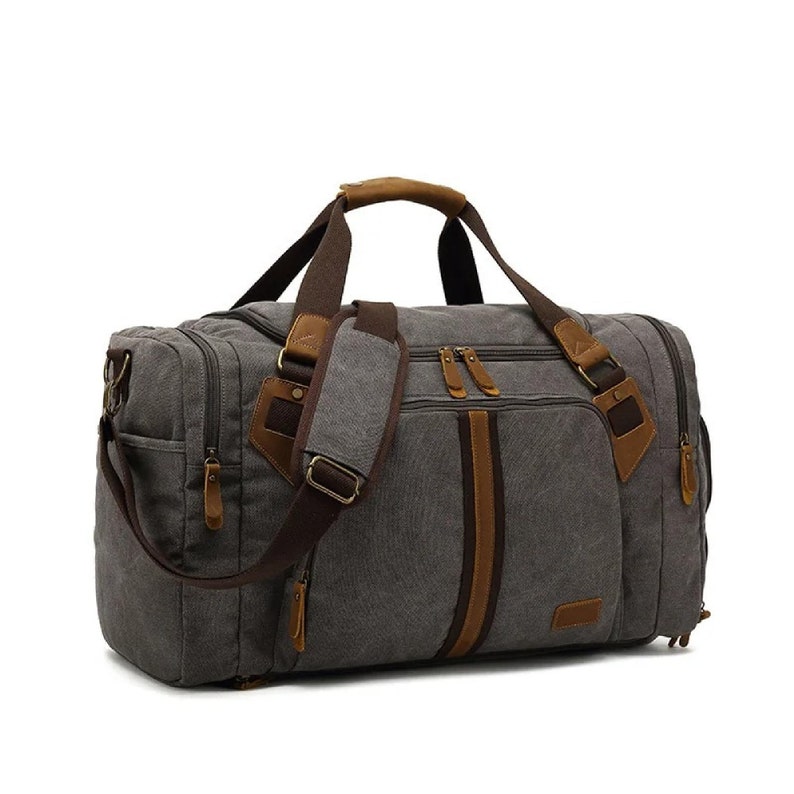 Duffle bag men Canvas travel bag canvas weekender bag canvas holdall bag canvas Genuine leather travel bag wax canvas travel bag unisex Gris