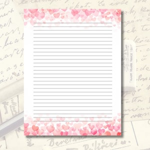 Hearts Printable Stationary | Lined Paper | Digital Download | PDF | Letter Writing | 8.5&quot;x11&quot; | Lined