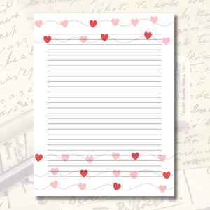 Hearts Printable Stationary | Lined Paper | Digital Download | PDF | Letter Writing | 8.5&quot;x11&quot; | Lined