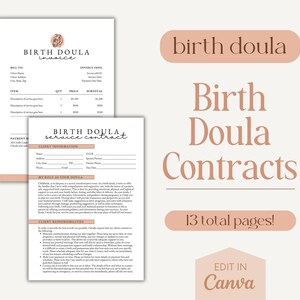 May include: A printable birth doula contract template with a pink and brown color scheme. The text on the page reads "Birth Doula Service Contract" and "13 total pages!" The text is in a handwritten font. The template is editable in Canva.