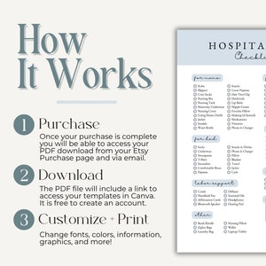 May include: A blue and white checklist for a hospital stay. The checklist is divided into sections for "for mama", "for dad", "labor support", "other", and "for baby". Each section includes a list of items to pack for the hospital.