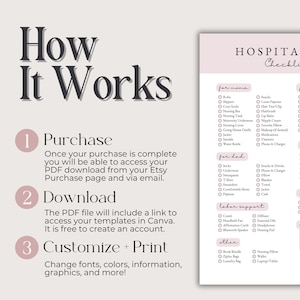 May include: A printable hospital checklist template with a soft pink and white design. The checklist includes sections for mom, dad, labor support, and other essentials. Instructions on how to purchase, download, and customize the template are also included.