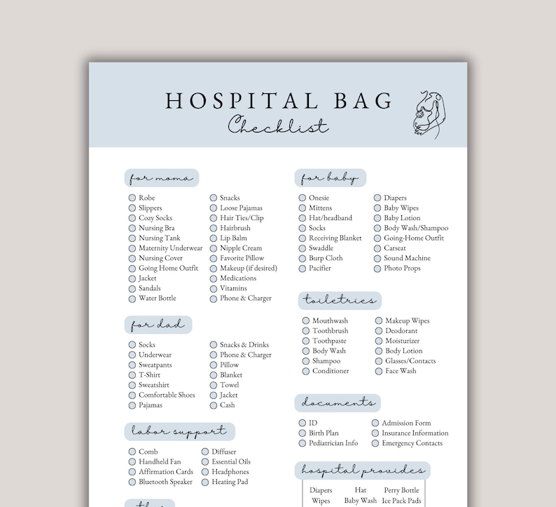 May include: A checklist for a hospital bag with sections for "for mama", "for dad", "for baby", "toiletries", "documents", "labor support", and "hospital provides". The checklist includes items such as robe, slippers, cozy socks, nursing bra, snacks, loose pajamas, hair ties, hairbrush, lip balm, nipple cream, onesie, mittens, hat/headband, socks, receiving blanket, swaddle, burp cloth, pacifier, mouthwash, toothbrush, toothpaste, body wash, shampoo, conditioner, makeup wipes, deodorant, moisturizer, body lotion, glasses/contacts, face wash, ID, birth plan, pediatrician info, admission form, insurance information, emergency contacts, comb, diffuser, handheld fan, essential oils, affirmation cards, headphones, bluetooth speaker, heating pad, diapers, hat, Perry bottle, wipes, baby wash, and ice pack pads.