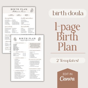Aanpasbare geboorteplansjabloon met 1 pagina, afdrukbaar geboorteplan, afdrukbaar geboorteplan, bewerkbare canvassjabloon, geboorteplannen voor Doula&#39;s