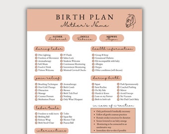 May include: A printable birth plan checklist with sections for during labor, pain relief, labor tools, interventions, health information, during birth, in case of c-section, and postpartum baby. The checklist includes options for dim lighting, aromatherapy, breathing techniques, a birthing ball, pitocin, group B strep, squatting, and more.