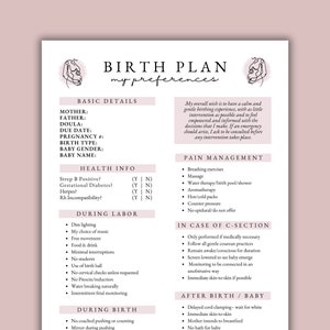 Digital Birth Plan Template, 1-Page Printable Birth Plan, Editable Canva Template, Birth Plans for Birth Worker&#39;s, Birth Preferences