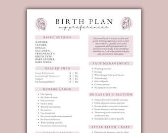 May include: A printable birth plan checklist with sections for basic details, health information, pain management, during labor, during birth, and after birth. The checklist includes options for pain management, labor preferences, and birth preferences.