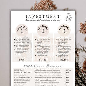 Pu&ograve; includere: Un documento bianco e beige con il titolo "Investment Doula Service Menu" e tre pacchetti elencati con prezzi e servizi diversi. I pacchetti sono etichettati come "Pacchetto 1", "Pacchetto 2" e "Pacchetto 3". Il documento elenca anche servizi aggiuntivi con prezzi, come assistenza oraria, educazione al parto, massaggio prenatale, incapsulamento della placenta, preparazione dei pasti post-partum, benedizione delle madri e fotografia.