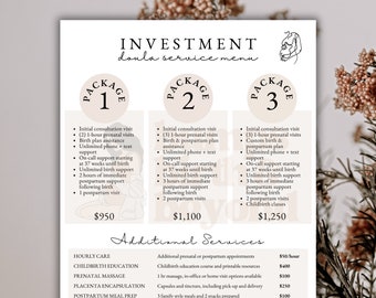 Birth Doula Price List, Printable Price Guide, Doula Investment Guide, Doula Service Menu, Price Sheet Template, Digital Canva Template