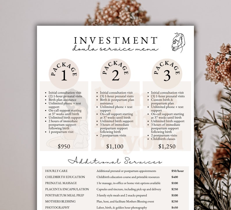 Pu&ograve; includere: Un documento bianco e beige con il titolo "Investment Doula Service Menu" e tre pacchetti elencati con prezzi e servizi diversi. I pacchetti sono etichettati come "Pacchetto 1", "Pacchetto 2" e "Pacchetto 3". Il documento elenca anche servizi aggiuntivi con prezzi, come assistenza oraria, educazione al parto, massaggio prenatale, incapsulamento della placenta, preparazione dei pasti post-partum, benedizione delle madri e fotografia.