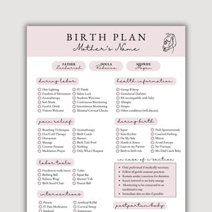 Customizable Birth Preferences, 1-Page Printable Birth Plan, Editable Canva Template, Birth Plans for Pregnant Mom&#39;s, Digital PDF Template