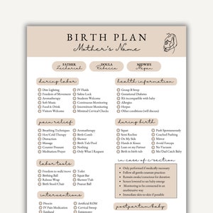 Editable 1-Page Birth Plan, Birth Plan Printable, Printable Birthing Plan, Customizable Canva Template, Birth Plan for Pregnant Mom&#39;s