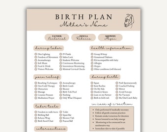 May include: A printable birth plan checklist with sections for during labor, pain relief, labor tools, interventions, health information, during birth, in case of c-section, and postpartum baby. The checklist includes options for dim lighting, aromatherapy, breathing techniques, and more.