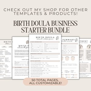 Pu&ograve; includere: Un set di moduli stampabili per un'attivit&agrave; di doula di nascita. I moduli includono un modulo di intake del cliente, un riepilogo del record di nascita e un menu di pacchetti e servizi. I moduli sono in una tavolozza di colori neutri con un design floreale.