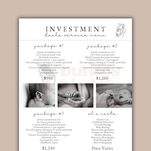 Geburts-Doula-Preisliste, druckbarer Preisführer, Doula-Investitionsführer, Doula-Service-Menü, Preisblattvorlage, digitale Canva-Vorlage