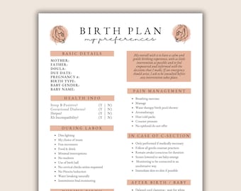 May include: A printable birth plan checklist with sections for basic details, health info, pain management, during labor, during birth, and after birth. The checklist includes options for pain management, labor preferences, and birth preferences.