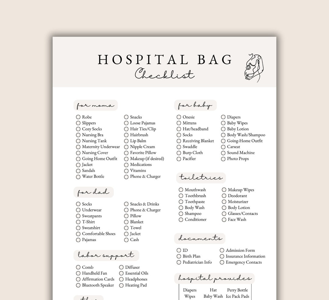 Hospital Bag Checklist, Hospital Bag Checklist Template, Printable ...