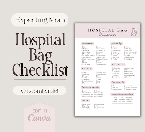 Birth Bag Checklist, Editable Hospital Bag Checklist, Birth Checklist for Pregnant Mom, Canva Template, Hospital Bag List for New Mom