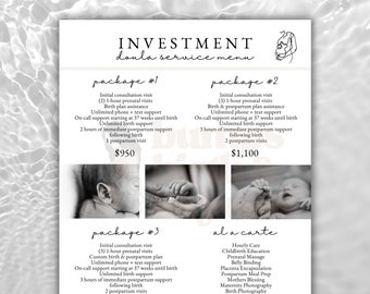 Birth Doula Price List, Printable Price Guide, Doula Investment Guide, Doula Service Menu, Price Sheet Template, Digital Canva Template