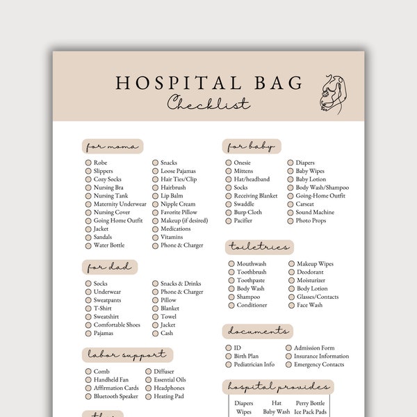 Hospital Bag Checklist, Hospital Bag Checklist Template, Birth Checklist for Pregnant Mom, Canva Template, Checklist for Hospital Birth