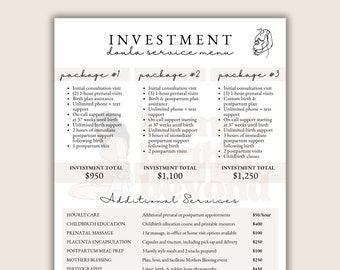 Doula Price List, Printable Pricing Guide, Investment Guide, Doula Service Menu, Rate Sheet Template, Canva Template, Business Marketing