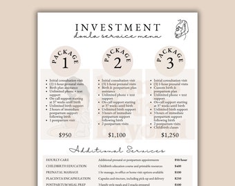 Birth Doula Price List, Printable Price Guide, Doula Investment Guide, Doula Service Menu, Price Sheet Template, Digital Canva Template