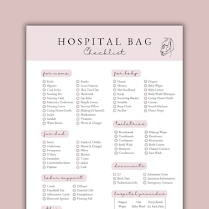 May include: A pink and white checklist titled "Hospital Bag Checklist" with categories for mom, dad, baby, toiletries, documents, and hospital provisions. The checklist includes items like clothes, toiletries, and baby essentials.