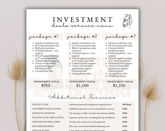 Birth Doula Price List, Printable Price Guide, Doula Investment Guide, Doula Service Menu, Price Sheet Template, Digital Canva Template