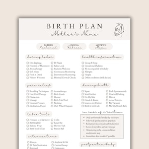 Customizable 1-Page Birth Plan Template, Birth Plan Printable, Printable Birthing Plan, Editable Canva Template, Birth Plans for Doula&#39;s