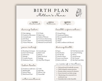 Customizable 1-Page Birth Plan Template, Birth Plan Printable, Printable Birthing Plan, Editable Canva Template, Birth Plans for Doula&#39;s