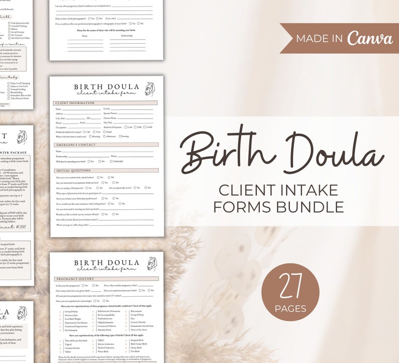 Birth Doula Client Intake Forms, Canva Template, Editable Documents ...
