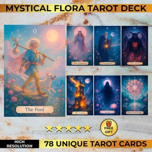Baralho de Tarô Flora Mística - 78 Cartas Exclusivas | Baralho de Oráculo para Leituras Iniciantes | Conjunto Completo de Tarô | Download Digital PNG PDF + Pôster
