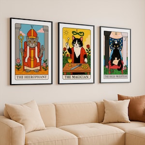 Tarot Card Wall Art Set, Cat Tarot Poster, Cute Tarot Card Print, Mystical Tarot Art, Celestial Wall Print, Astrology Poster, Animal Oracle