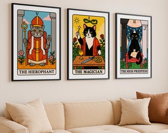 Tarot Card Wall Art Set, Cat Tarot Poster, Cute Tarot Card Print, Mystical Tarot Art, Celestial Wall Print, Astrology Poster, Animal Oracle