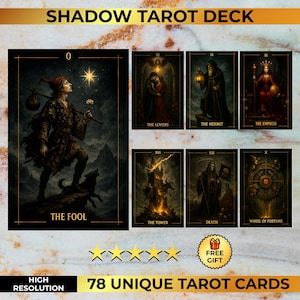 Shadow Tarot Deck - Complete 78 Dark Gold Cards | Unique Witchy Oracle Deck | Nocturne Gothic Indie Tarot | Limited Edition PNG PDF + Poster